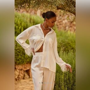 Anthropology Elegant Cream Feather-Trimmed PJ Set